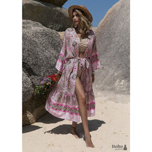 RusttyDustty 0XL Long BOHO Pink & White WESTERN Kimono DUSTER Coverup 1X 2XL 3XL